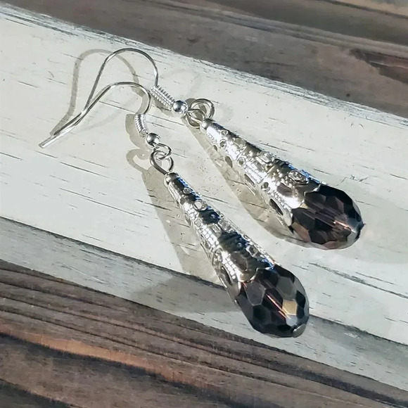 Handcrafted Caged Filigree Faceted Purple Crystal Silver Teardrop Earrings - Picture 6 of 8